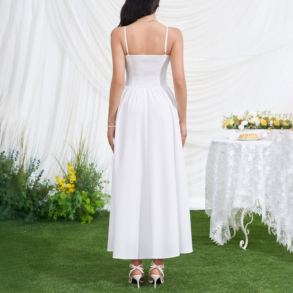 Women's V-Neck Smocked Ruched Midi Dress