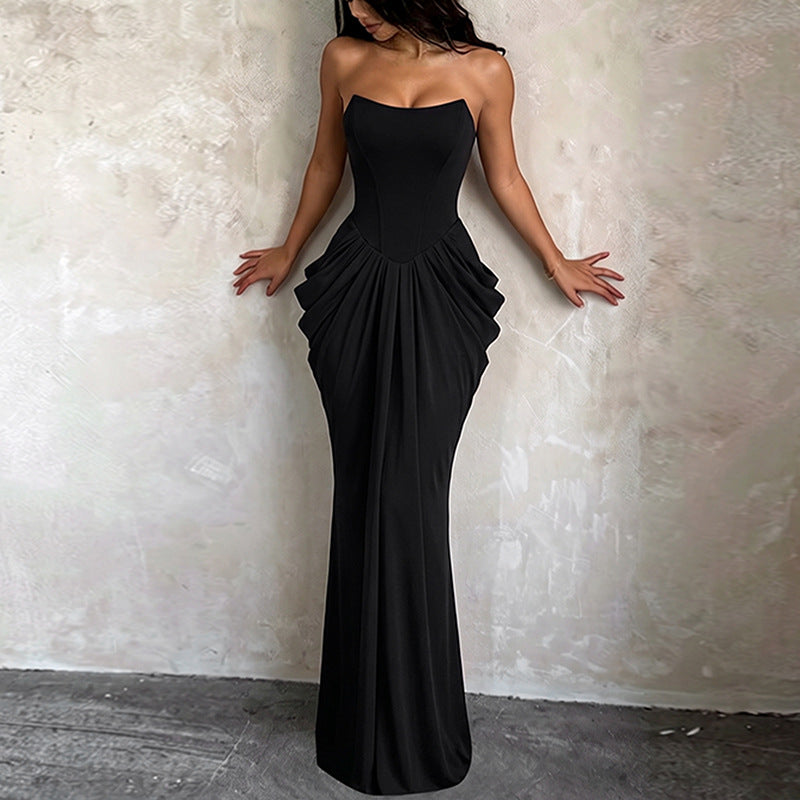 Women's Tube Top Pleated Fishtail Gown Slim Fit Sheath Long The Dinner Party Dress