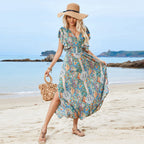 Women's V-Neck Backless Rayon Ruffle Sleeve Split Bohemian Holiday Dress