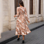 French Long Sleeve V-Neck Split Print Dress