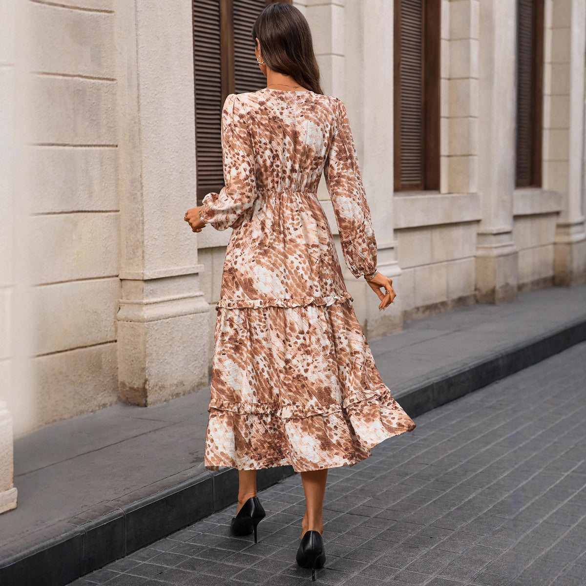 French Long Sleeve V-Neck Split Print Dress