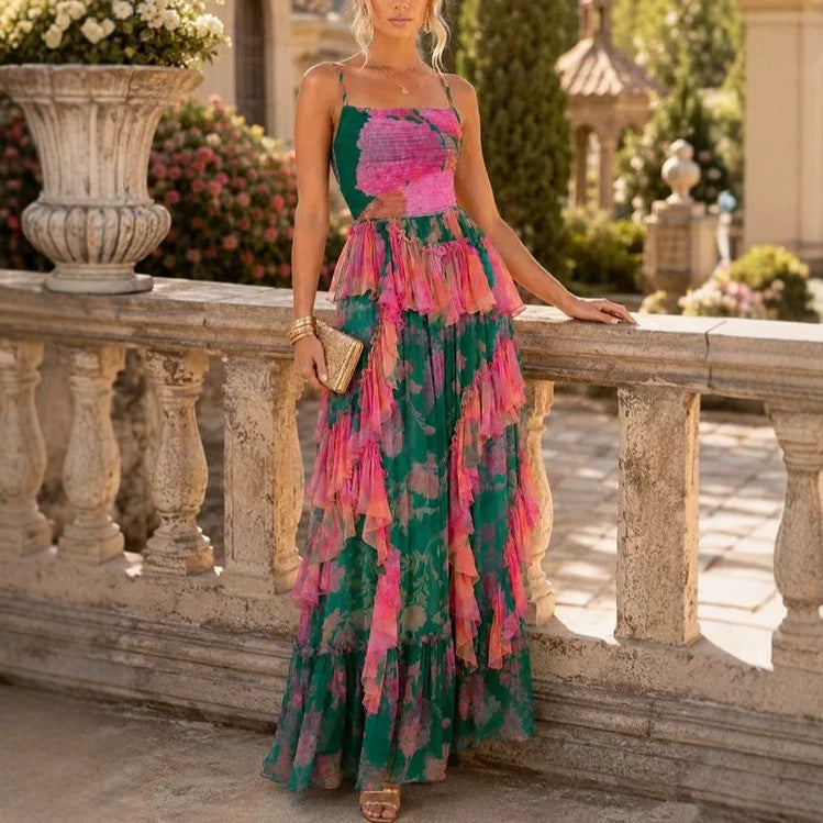 Women's Floral Print Pleated Maxi Dress