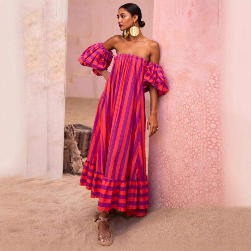 Striped Detachable Puff Sleeve Large Dress Vacation Women Dress