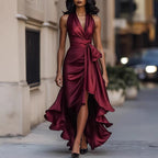 Women's Satin Deep V-Neck Ruffle Dress