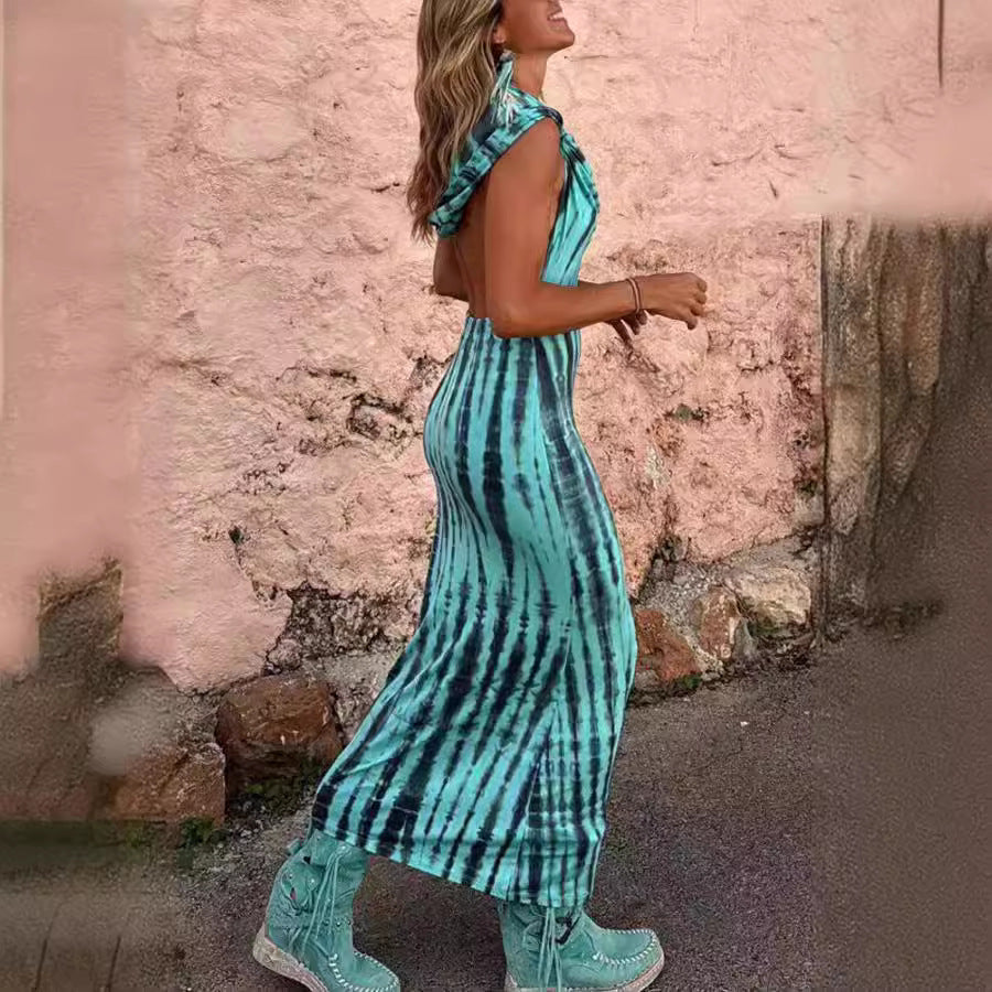 Hooded Backless Print Ethnic Dress