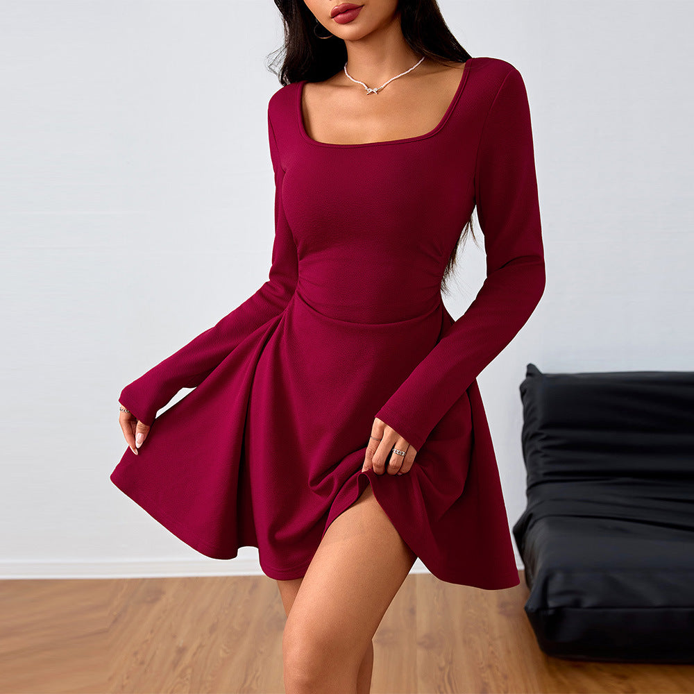 Burgundy summer dress, square neckline, long sleeves, fitted waist, flared skirt