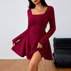 Burgundy summer dress, square neckline, long sleeves, fitted waist, flared skirt
