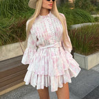 French Printed Lace-Up A-Line Dress