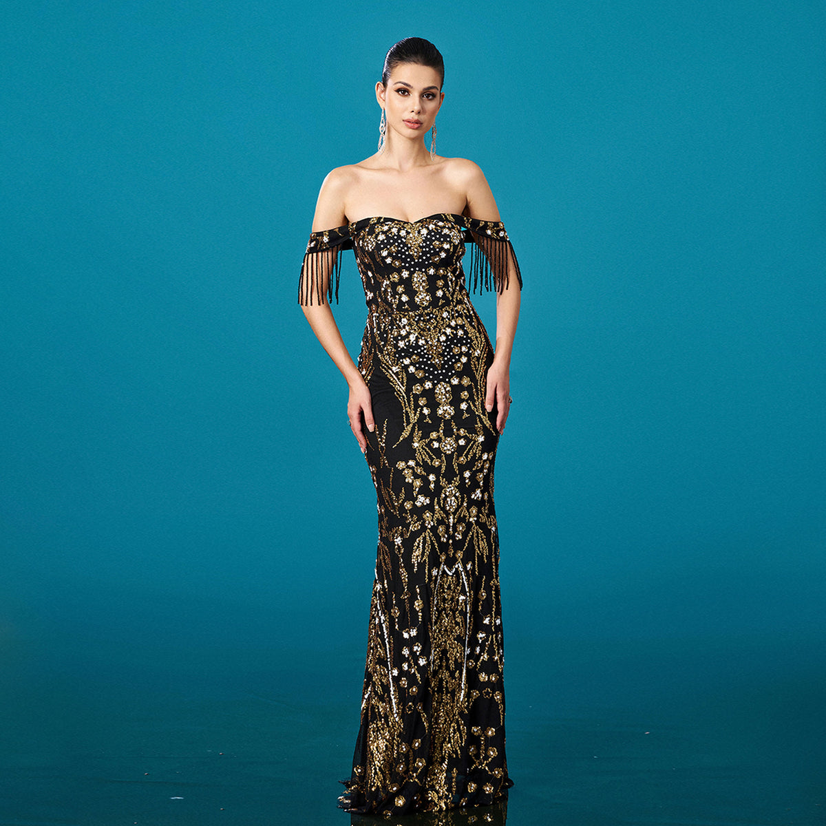 Women's Sequin Fringe Off-Shoulder Fishtail Dress