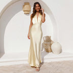 Women's Spring Summer Women Clothing Sexy Waist Trimming Halter Backless Solid Color Sleeveless Dress Women