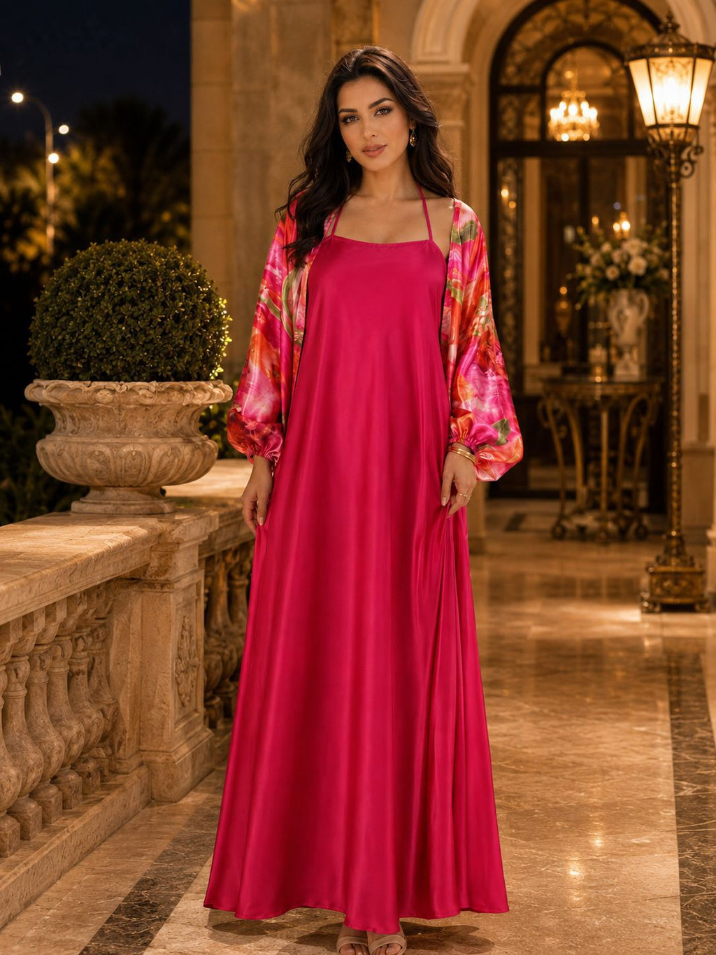 Women's Coral Red Floral Halter Maxi Dress