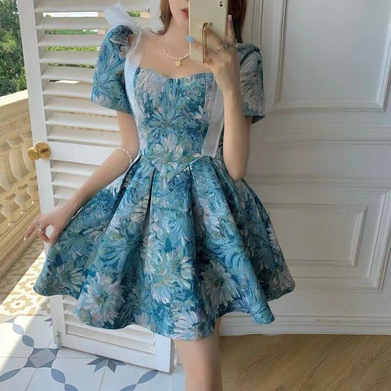 Women's Floral Dress Women Summer French Cinched Short Dress Niche Design Sweet Puff Sleeve Dress