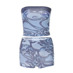 Spring Pattern Printed Off-Neck Vest Shorts Two Piece Set