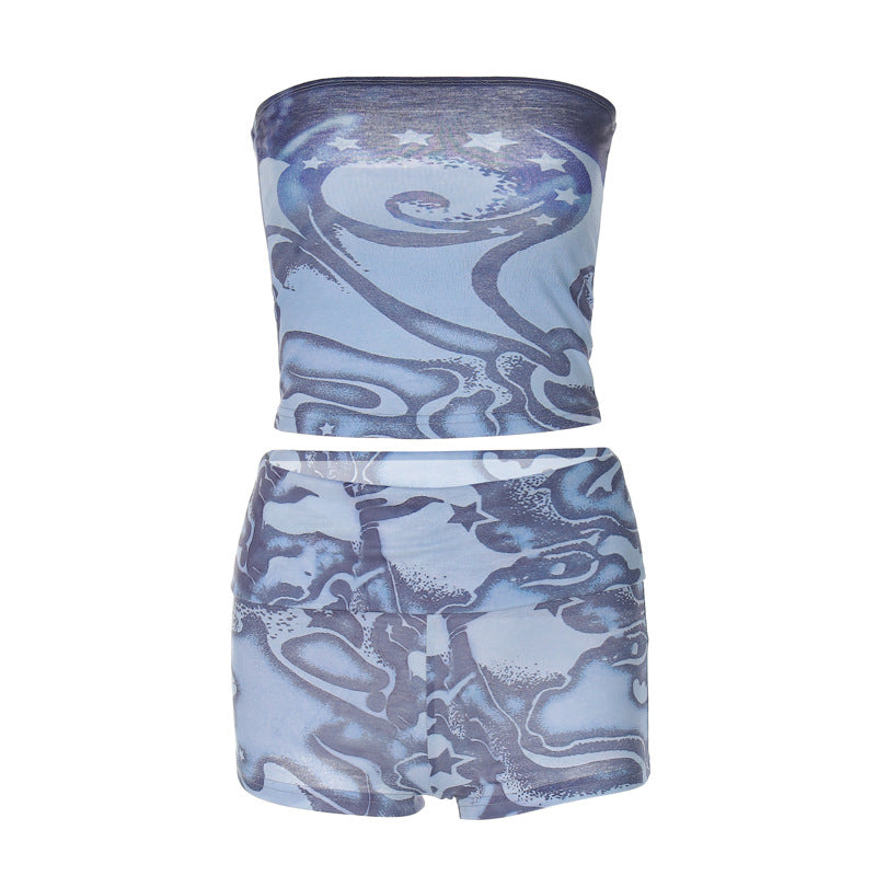 Spring Pattern Printed Off-Neck Vest Shorts Two Piece Set