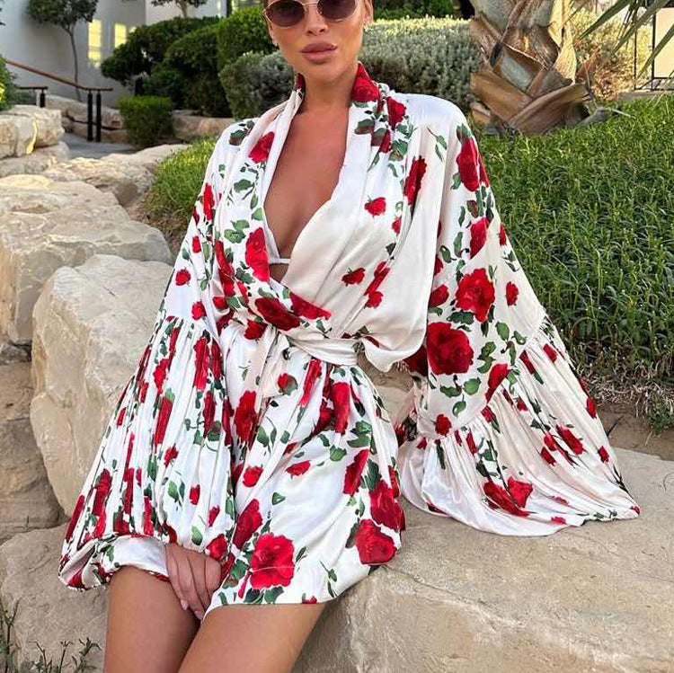 Spring Summer Russian Digital Printing Puff Sleeve Lace Up Loose
