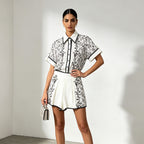Elegant Retro Suit Printing Collared Short Sleeve Shirt Simple Casual Shorts