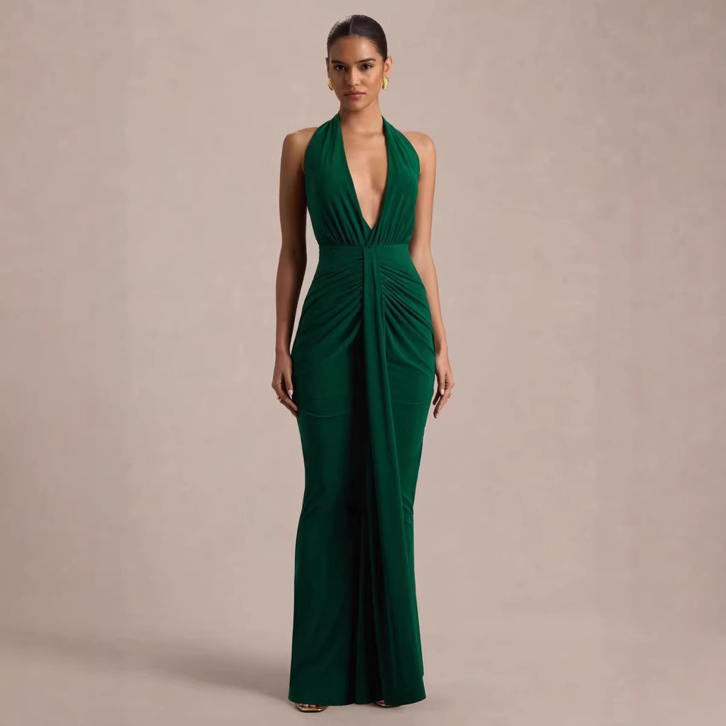 Women's V neck Halter Tied Slim Fit Design Pleated Niche Dress