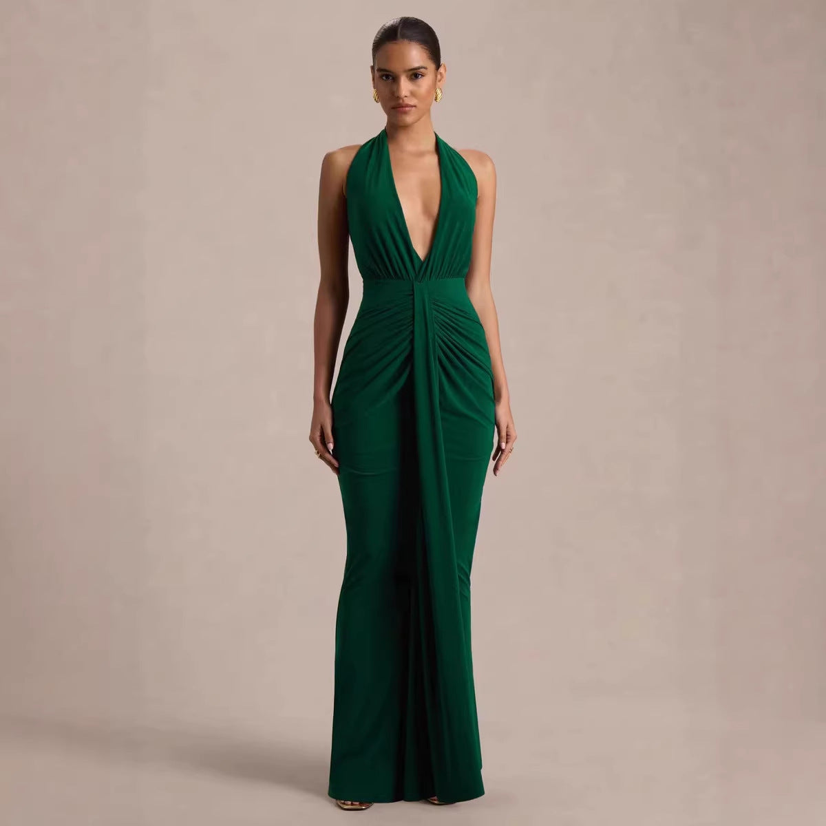 Women's V neck Halter Tied Slim Fit Design Pleated Niche Dress