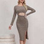 Crew-Neck Cutout Split Long-Sleeve Knit Bodycon Midi Dress