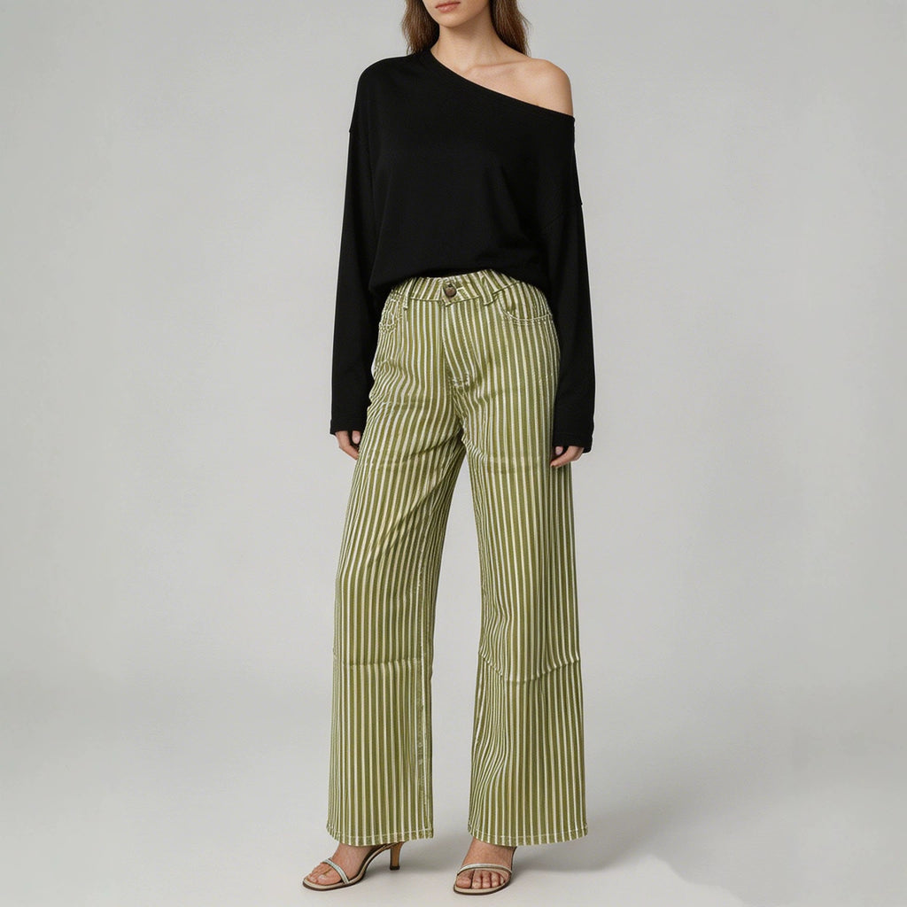 Multi Color Stripe Design Casual Straight Leg Jeans