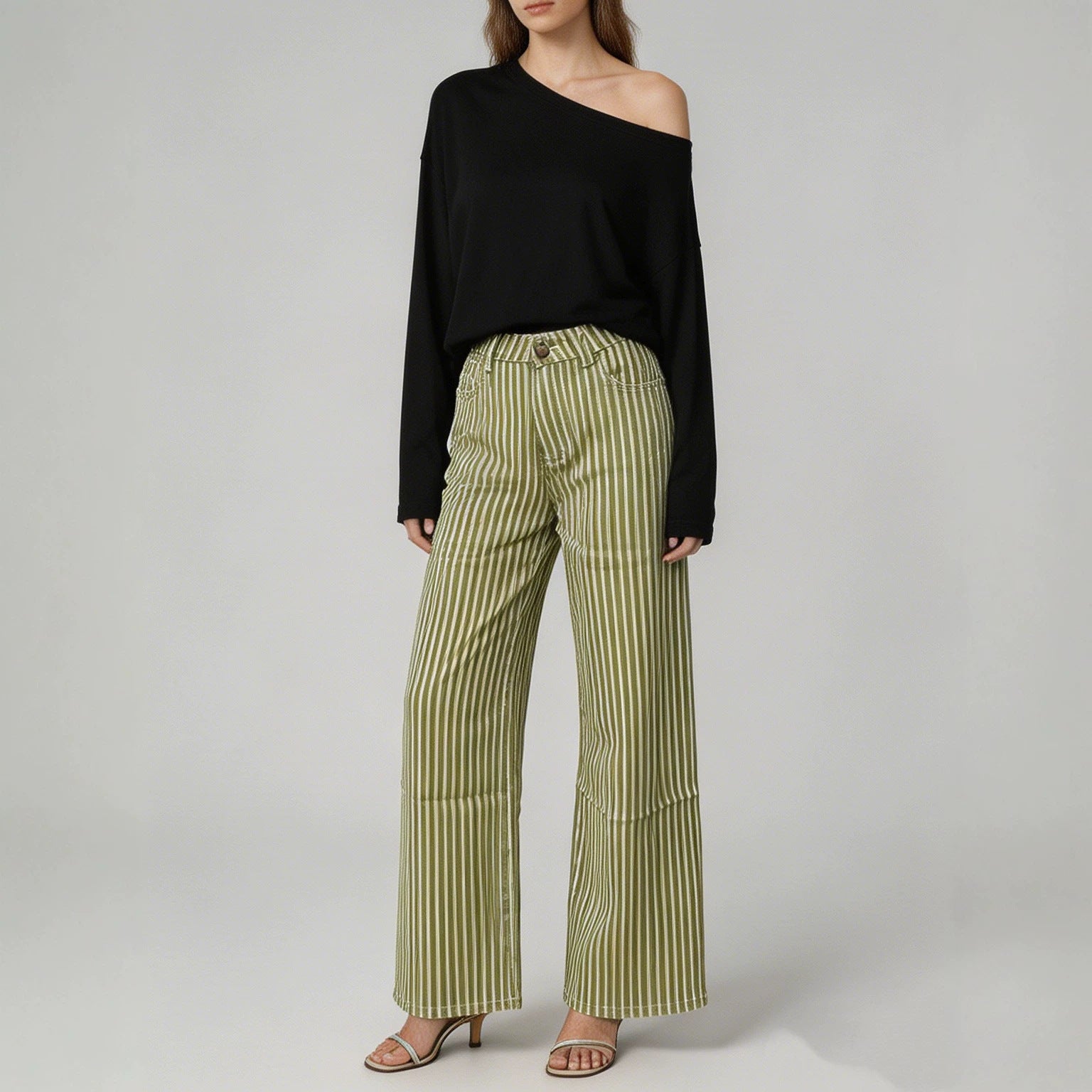 Multi Color Stripe Design Casual Straight Leg Jeans