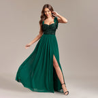 Women's Sequin Chiffon Backless High Slit A-Line Maxi Dress