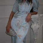 Women's Printed Pleated Puff Sleeve Maxi Dress
