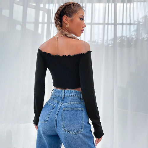 Women Clothing Street Sexy Casual off Neck Knitted Long Sleeve Ultra Short T shirt Top