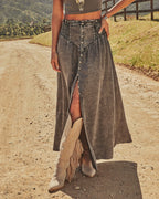 Dark gray denim straight-leg pants with button front and high side slit
