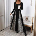 Leopard-Print Patchwork Long-Sleeve Dress