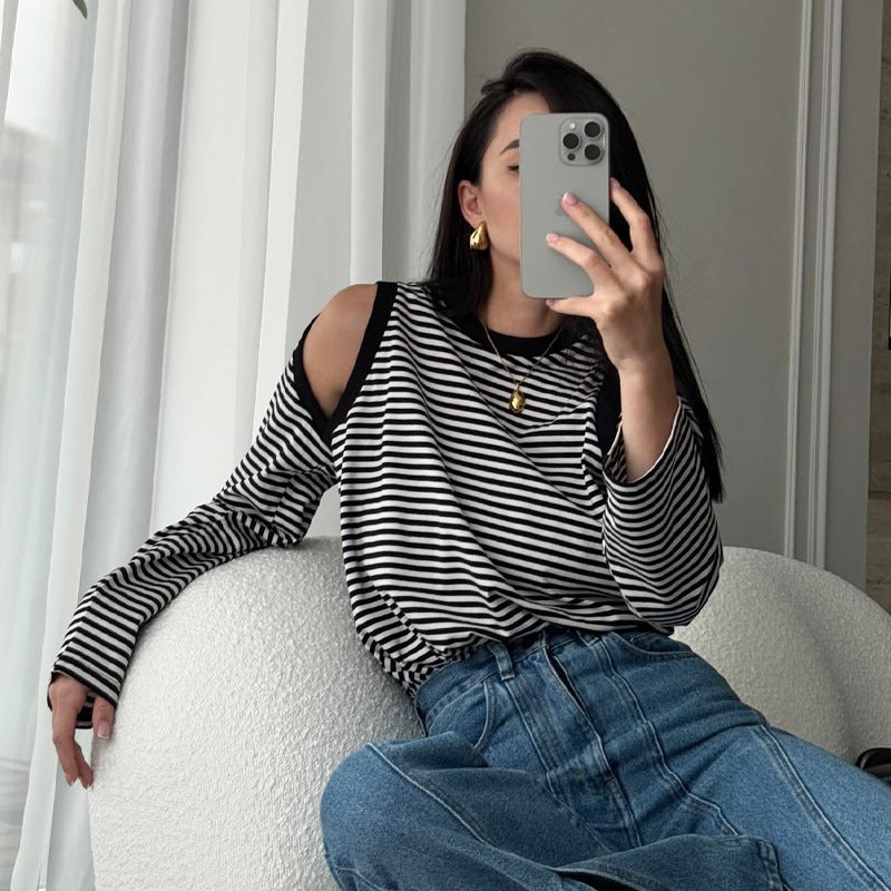 Striped Contrast Color Off-Shoulder Long Sleeve Casual Fall Top