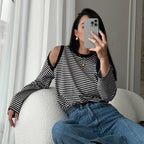 Striped Contrast Color Off-Shoulder Long Sleeve Casual Fall Top