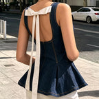 Women's Autumn Denim Sleeveless Vest Women Inner Wear Backless Lace Up Bow Ruffle Top Outer Wear Women