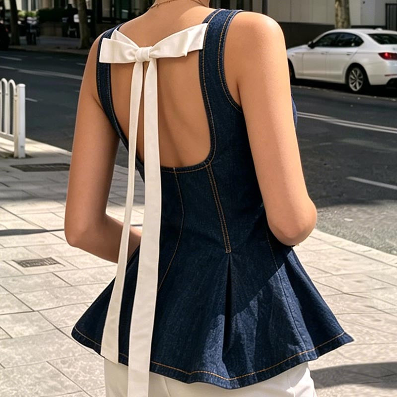 Women's Autumn Denim Sleeveless Vest Women Inner Wear Backless Lace Up Bow Ruffle Top Outer Wear Women