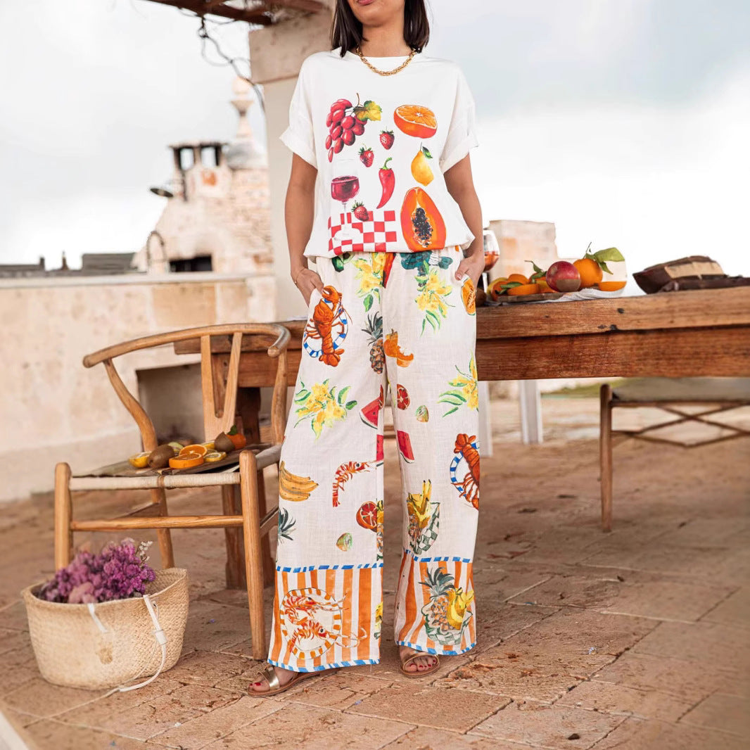 Women's Graffiti Printing Loose Short Sleeve T-Shirt Wide Leg Straight