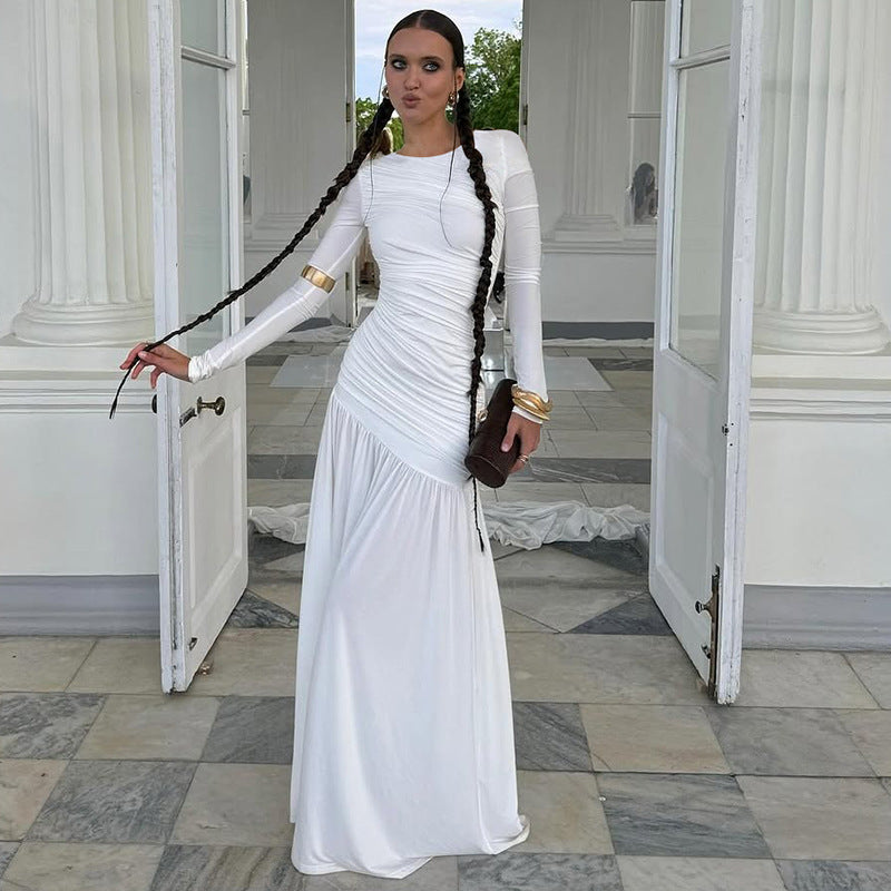 Women's Best Seller In Women Clothing Summer Slim Fit Pleated Round Neck Long Sleeved Dress Women
