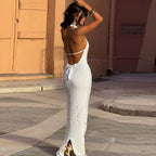 Women's Halter Backless Side Slit Bodycon Midi Dress
