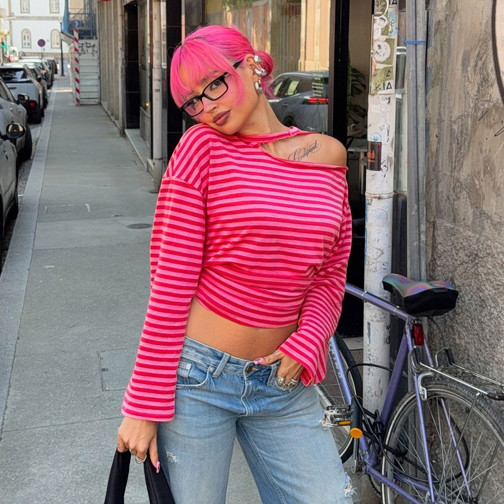 Striped Street off the Shoulder Casual Long Sleeve T shirt