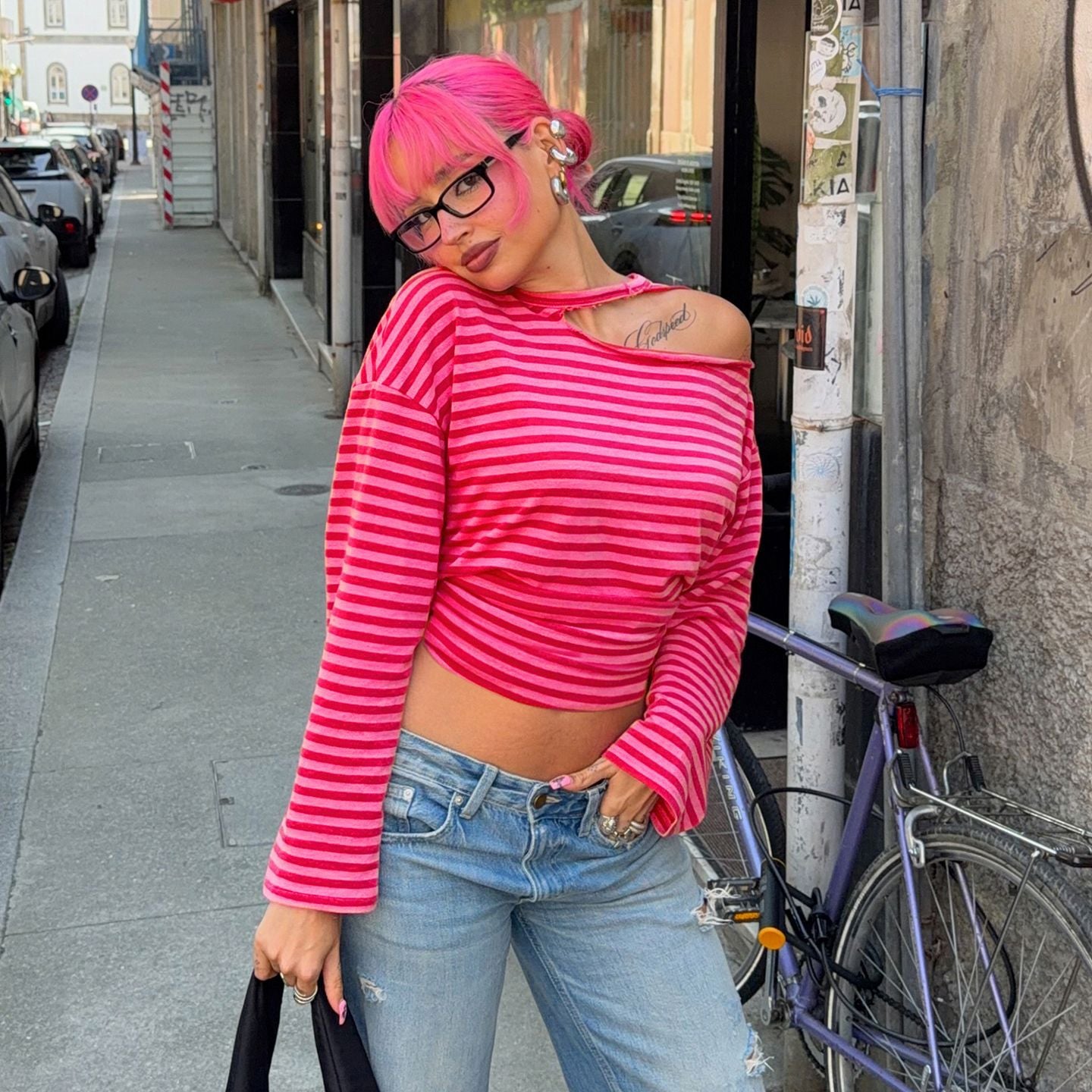Striped Street off the Shoulder Casual Long Sleeve T shirt