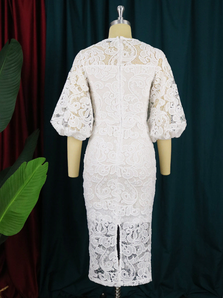 Lace Hollow out Lantern Sleeve Long Sleeve High Waist Party Evening Dress Mid Length Dress Women Party Dress