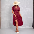 Solid-Color V-Neck Short-Sleeve Dress