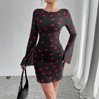 Heart-Print Bell-Sleeve Mesh Dress