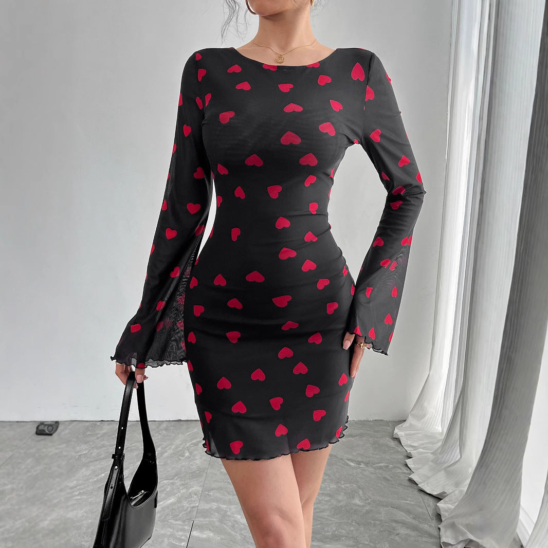 Heart-Print Bell-Sleeve Mesh Dress