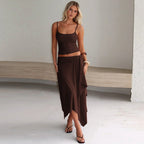 Summer Solid Color Camisole Pleated Irregular Asymmetric Skirt Two Piece Sets