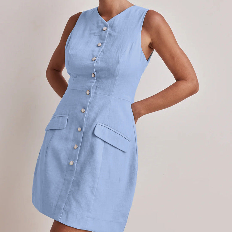 Cotton Sleeveless Vest Dress Waist Controlled Single