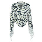 Loose Leopard Print Design T-Shirt V neck Long Sleeve Asymmetric Short Top