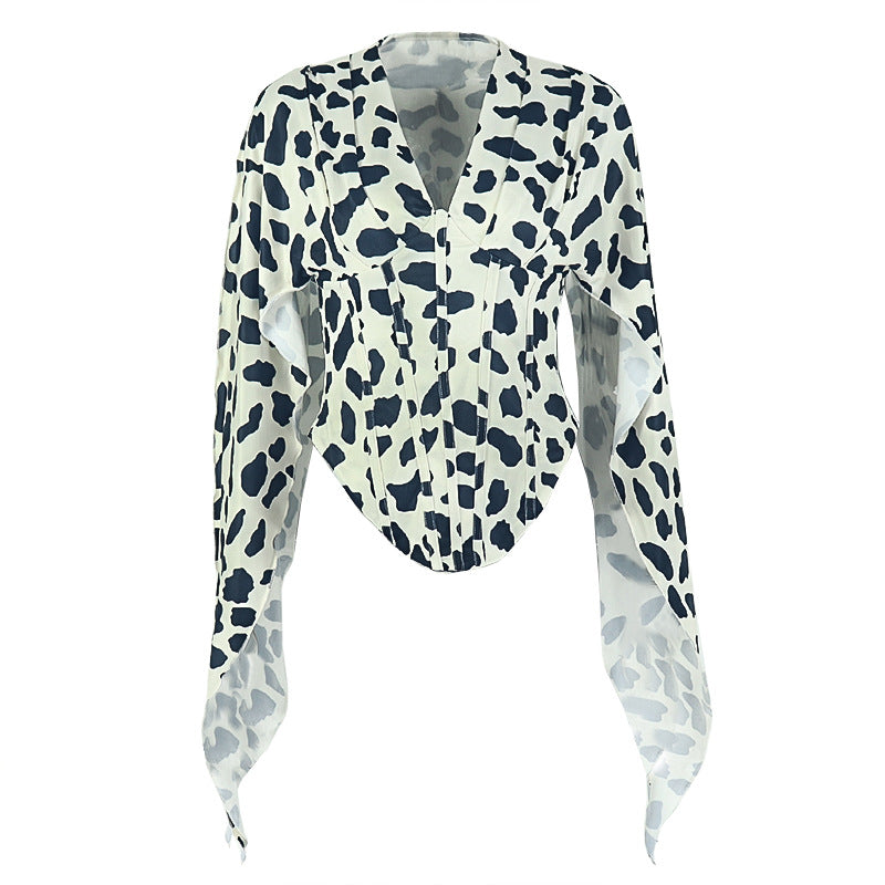 Loose Leopard Print Design T-Shirt V neck Long Sleeve Asymmetric Short Top