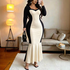 Plus Size Contrast Color Long Sleeves Fishtail Dress Square Peach