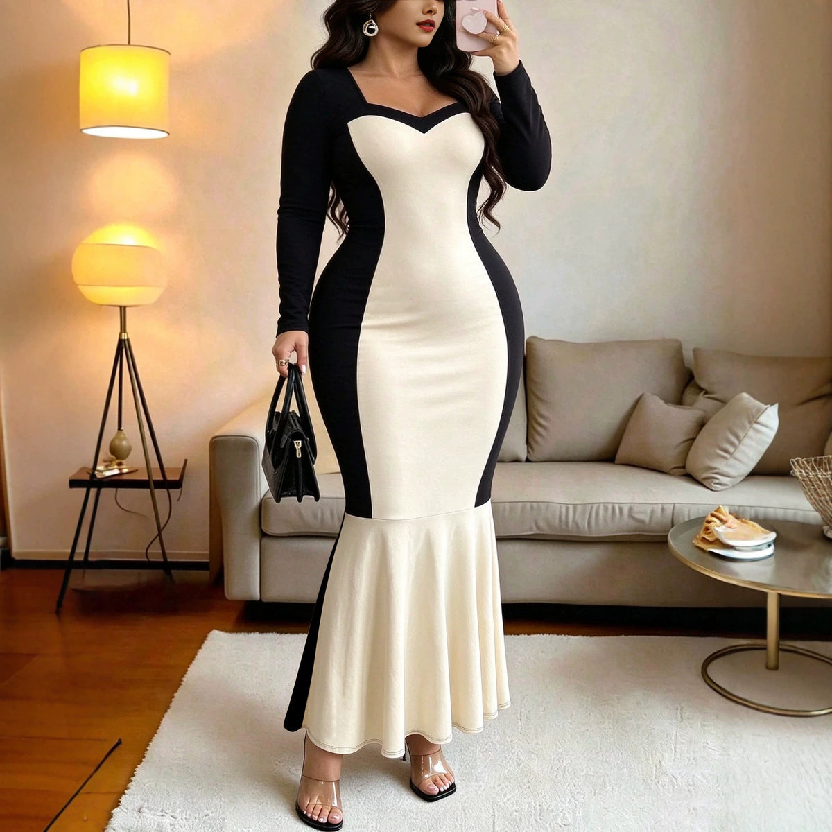 Plus Size Contrast Color Long Sleeves Fishtail Dress Square Peach