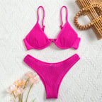 Watermelon red pleated one-piece bikini swimsuit set with bra top and high-cut bottom